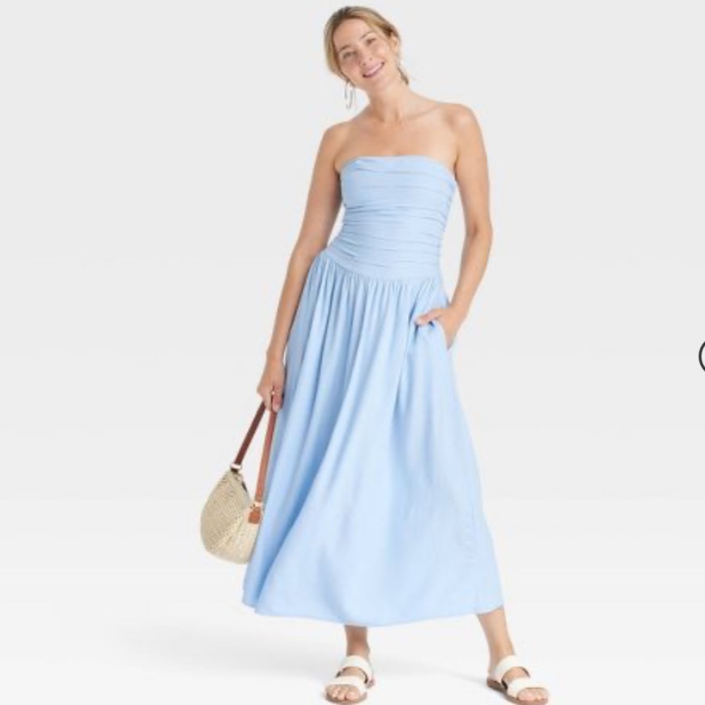 NWT! Women's Ruched Maxi A-Line Dress - Universal Thread Blue Medium